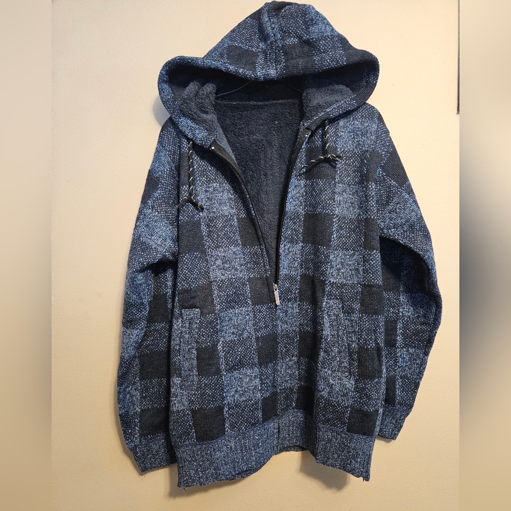 Mens Hooded Cardigan Sweater jacketBlue Navy Checkered Fleece Lined Zipper NWOT